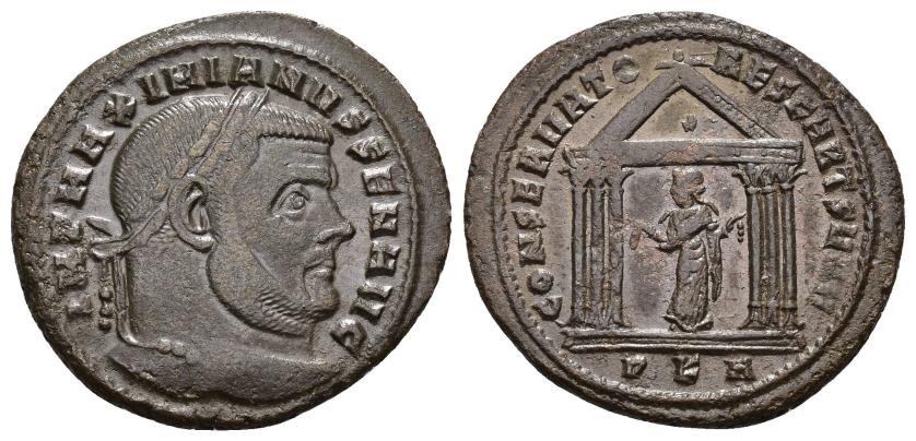 168   -  IMPERIO ROMANO. MAXIMIANO. Follis. Cartago (307). A/ Cabeza laureada a der.; IMP MAXIMIANVS SEN AVG. R/ Cartago dentro de templo hexástilo; CONSERVATORES KART SVAE. -/-//PKA. AE 7,11 g. 26 mm. RIC-59. MBC+.