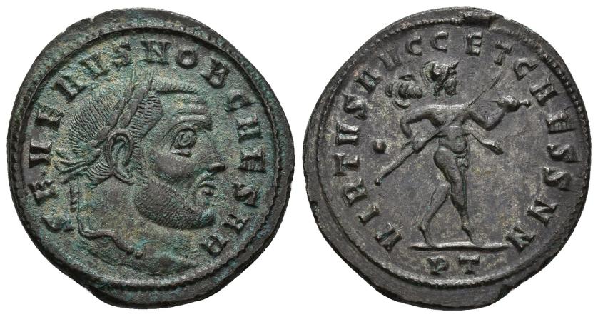 175   -  IMPERIO ROMANO. SEVERO II. Follis. Ticinum (305). A/ Cabeza laureada a der.; SEVERVS NOB CAESAR. R/ Marte avanzando a der. con cetro y trofeo; VIRTVS AVGG ET CAESS NN. ./-//PT. AE 9,46 g. 28,1 mm. RIC-58a corr. Leves oxidaciones. EBC-. Escasa.