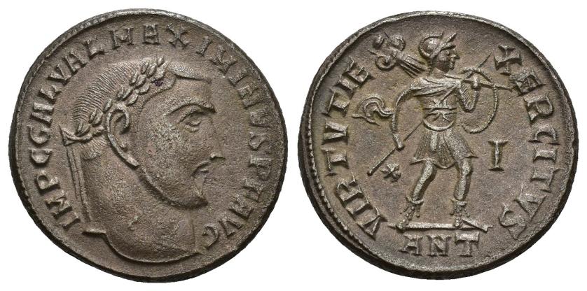 184   -  IMPERIO ROMANO. MAXIMINO II. Follis. Antioquía (311-312). A/ Cabeza laureada a der.; IMP C GAL VAL MAXIMINVS P F AVG. R/ Virtus avanzando a der. con lanza y trofeo; VIRTVTI EXERCITVS, *-I//ANT. AE 5,33 g. 21,4 mm. RIC-163 b (vte.). EBC.