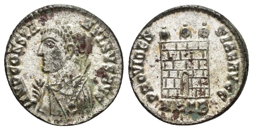 191   -  IMPERIO ROMANO. CONSTANTINO I. Follis. Heraclea (317). A/ Busto laureado y drapeado a izq. con cetro y mappa; IMP CONSTANTINVS AVG. R/ Puerta de campamento con tres torrecillas; PROVIDENTIAE AVGG. -/-//MHTB. AE 2,64 g. 18,5 mm. RIC-16. Leves oxidaciones. P.O. EBC/EBC+.