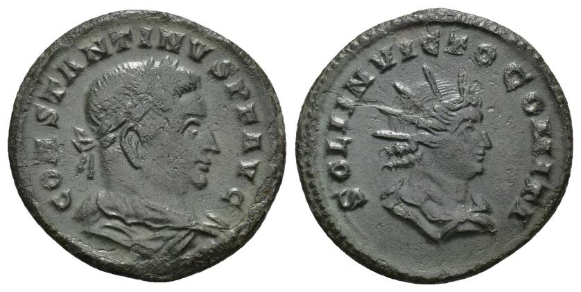 195   -  IMPERIO ROMANO. CONSTANTINO I. Follis. Treveris (310-313). A/ Busto drapeado, acorazado y laureado a der.; CONSTANTINVS P F AVG. R/ Busto del Sol a der.; SOLI INVICTO COMITI. AE 3,67 g. 22,5 mm. RIC-888. Pátina verde. MBC+.