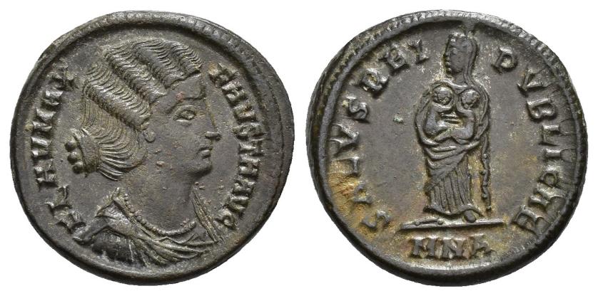 197   -  IMPERIO ROMANO. FAUSTA. Follis. Nicomedia (325-326). A/ Busto drapeado a der.; FLAV MAX FAVSTA AVG. R/ Fausta con dos niños en brazos; SPES REIPVBLICAE. -/-//MNA . AE 3,66 g. 18,8 mm. RIC-130. EBC-. 