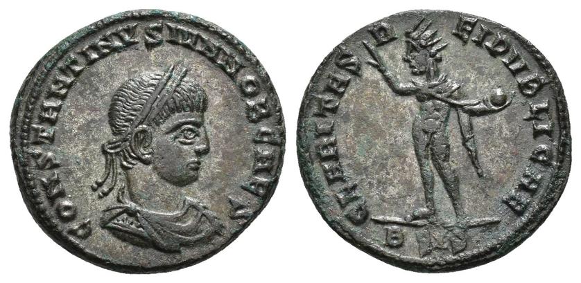 201   -  IMPERIO ROMANO. CONSTANTINO II. Follis. ¿Siscia? A/ Busto drapeado, laureado y acorazado a der.; CONSTANTINVS IVN NOB CAES. R/ Sol a izq.; CLARITAS REIPVBLICAE. -/-//BSIS? AE 3,61 g. 19,3 mm. RIC-no? EBC/EBC-. 