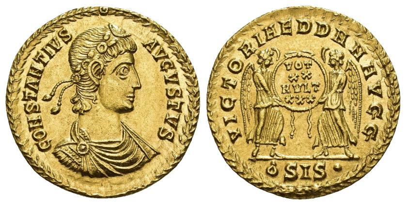 203   -  IMPERIO ROMANO. CONSTANCIO II. Sólido. Siscia (340-350). A/ Busto con diadema de perlas y coraza a der.; CONSTANTIVS AVGVSTVS, todo dentro de corona con roseta. R/ Dos victorias sosteniendo corona con inscripción VOT /XX/ MVLT/ XXX, exergo OSIS. ; VICTORIAE DD NN AVGG. AU 4,49 g. 21 mm. RIC-131. EBC+/SC. Muy rara. Ex Münzen und Medaillen AG Basel (11-1997: List Goz) lote 134; ex Münzen und Medaillen Deutschland, I (16-9-1997), lote 782.