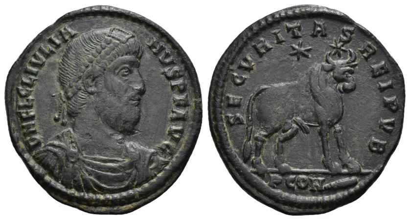 206   -  IMPERIO ROMANO. JULIANO. Follis. Arelate (360-363). A/ Busto diademado, drapeado y acorazado a der.; D N FL CL IVLIA-NVS P F AVG. R/ Toro a der., encima 2 estrellas; SECVRITAS REI PVB. -/-//PCON clava. AE 7,85 g. 29,3 mm. RIC-315. Pátina oscura. MBC/MBC+.