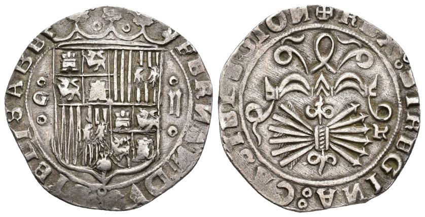 279   -  REYES CATÓLICOS. 2 reales. Granada. A/ Marca de ceca y valor entre roeles. R/ R abierta. AR 6,92 g. 29 mm. AC-498 vte. MBC.