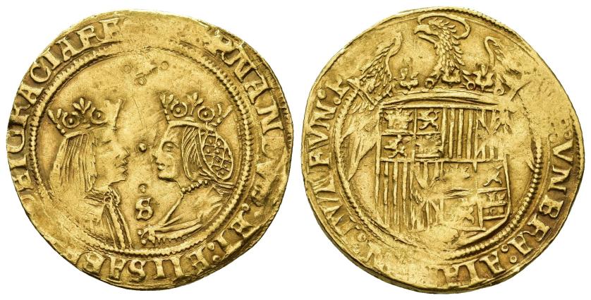 281   -  REYES CATÓLICOS. 2 excelentes. Sevilla. Estrella de 6 puntas. AU 7,99 g. 29,6 mm. AC-725. Vanos. MBC.