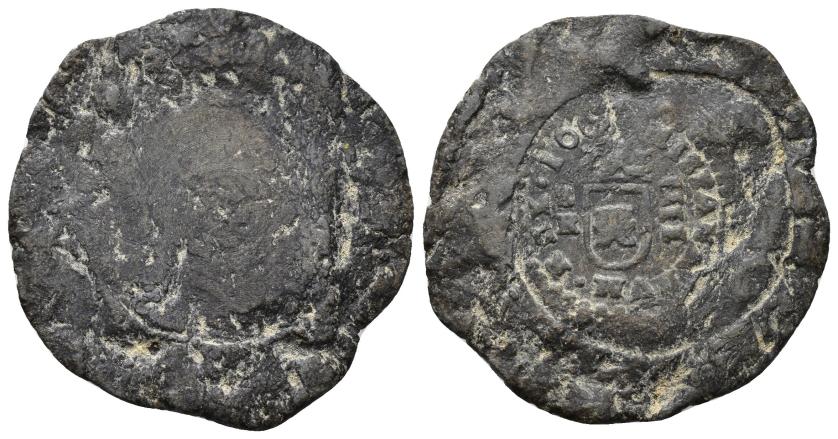 306   -  FELIPE IV. Prueba de cuño en plomo del rev. de 8 maravedís 166? Burgos R. Anv. liso. PB 9,53 g. 34 mm. BC-. 