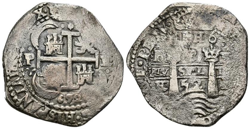 308   -  FELIPE IV. 8 reales. 1652. Potosí. AR 24,85 g. 39,8 mm. Oxidaciones marinas. MBC.