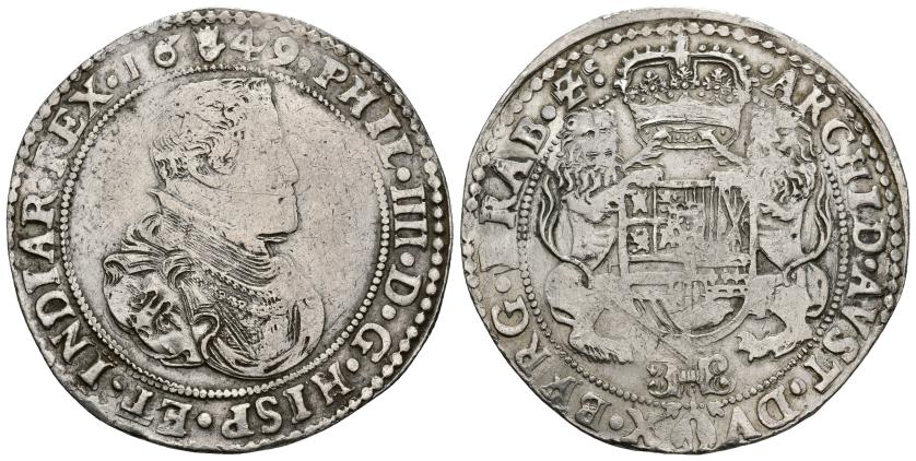 309   -  FELIPE IV. Ducatón. 1649. Amberes. AR 32,48 g. 45,2 mm. Vanhoudt-642AN. DEL-284. Acuñación floja. MBC.