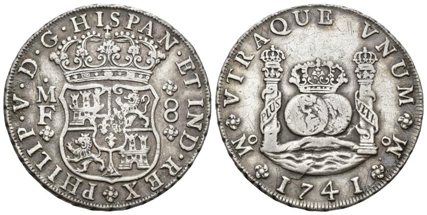 318   -  FELIPE V. 8 reales. 1741. México. MF. AR 26,90 g. 38,8 mm. VI-1149. Pequeñas marcas. MBC.