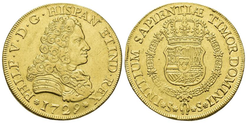 325   -  FELIPE V. 8 escudos. 1729. Sevilla. Ley. PHILP. AU 27,00 g. 36,7 mm. VI-1786. Golpecito en canto y rebaba en gráfila. MBC+. Rara.