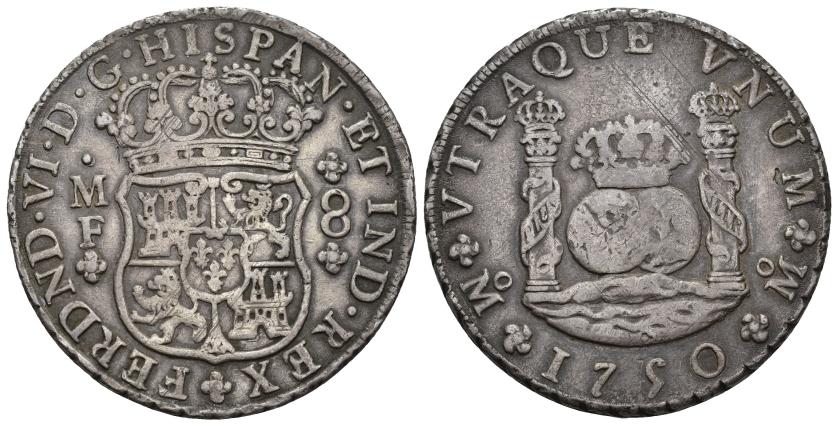 327   -  FERNANDO VI. 8 reales. 1750. México. MF. AR 26,8 g. 39 mm. VI-358. Rayitas de ajuste. MBC/MBC-.