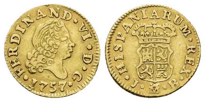 334   -  FERNANDO VI. 1/2 escudo. 1757. Madrid. JB. AU 1,73 g. 14,7 mm. VI-416. Golpecito en canto. MBC+/MBC.