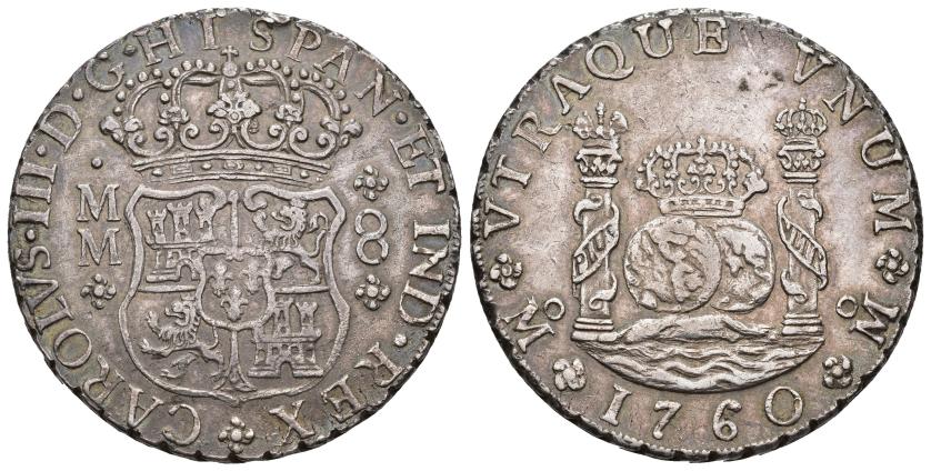 343   -  CARLOS III. 8 reales. 1760. México. MM. AR 26,92 g. 38 mm. VI-916. Pequeña rebaba en gráfila. MBC+.