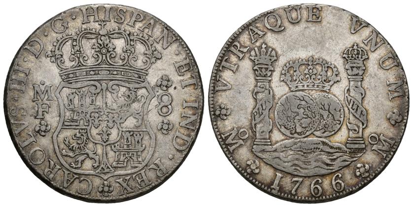 348   -  CARLOS III. 8 reales. 1766. México. MF. AR 27,08 g. 38,1 mm. VI-924. Pequeñas marcas. MBC.