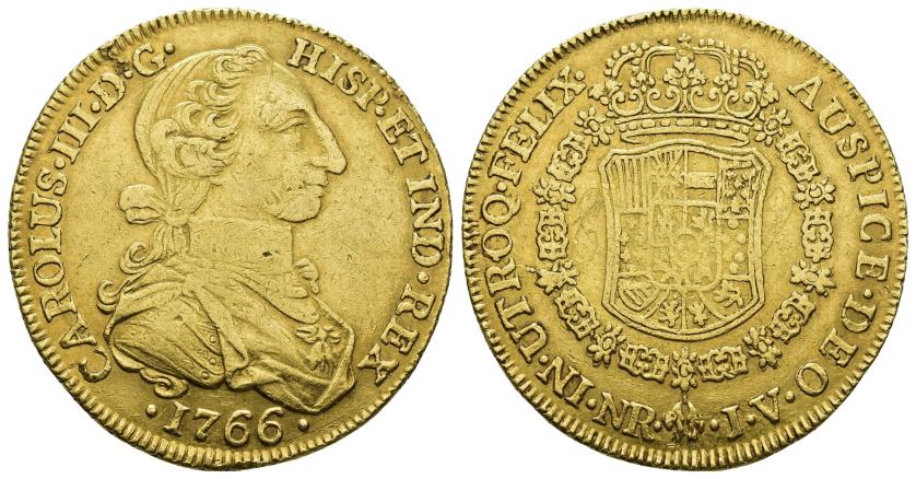 369   -  CARLOS III. 8 escudos. 1766. Nuevo Reino. JV. AU 26,91 g. 37 mm. VI-1675. Hojita en gráfila y pequeñas marcas. Grafito en rev. MBC/MBC-. Rara.