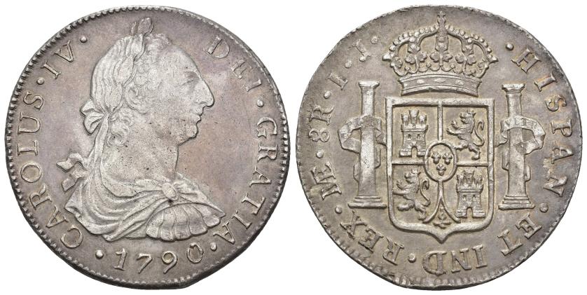 378   -  CARLOS IV. 8 reales. 1790. Lima. IJ. AR 26,88 g. 40 mm. VI-751. Ligera pátina. MBC+/EBC-.