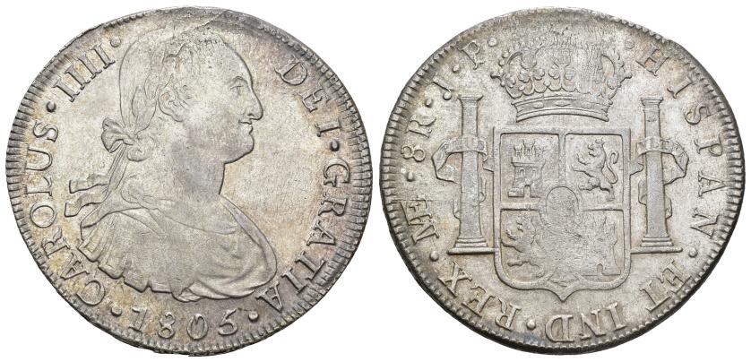 379   -  CARLOS IV. 8 reales. 1805. Lima. JP. AR 26,38 g. 40,6 mm. VI-768. Pequeñas marcas de acuñación y vano en anv. MBC+. 