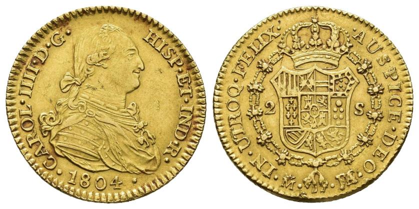 392   -  CARLOS IV. 2 escudos. 1804. Madrid. FA sobre MF. AU 6,77 g. 22,6 mm. VI-1055 vte. Hojita sin saltar. MBC+.