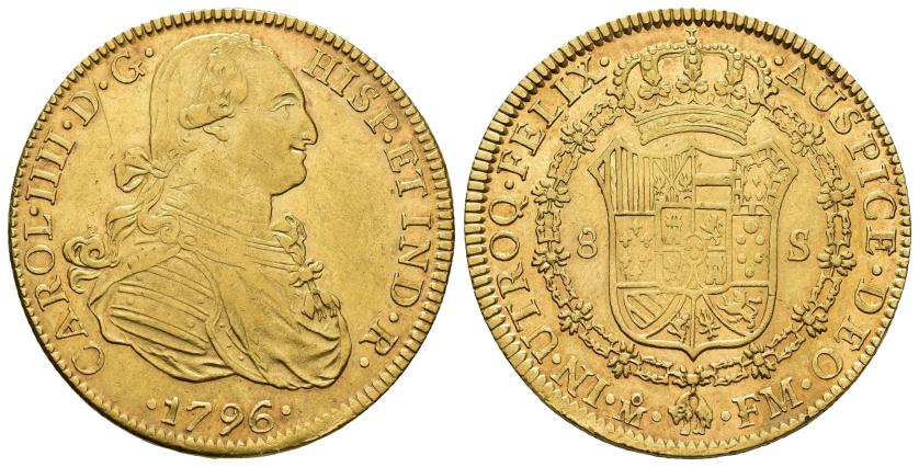 399   -  CARLOS IV. 8 escudos. 1796. México. FM. AU 27,02 g. 36,7 mm. VI-1332. Fina rayita en anv. R.B.O. MBC+/EBC-.