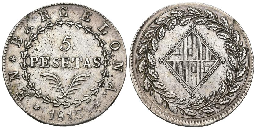 412   -  OCUPACIÓN NAPOLEÓNICA. 5 pesetas. 1813. Barcelona. AR 27,08 g. 40,1 mm. VI-39. Pequeña grieta y ligera plata agria. MBC. Rara.