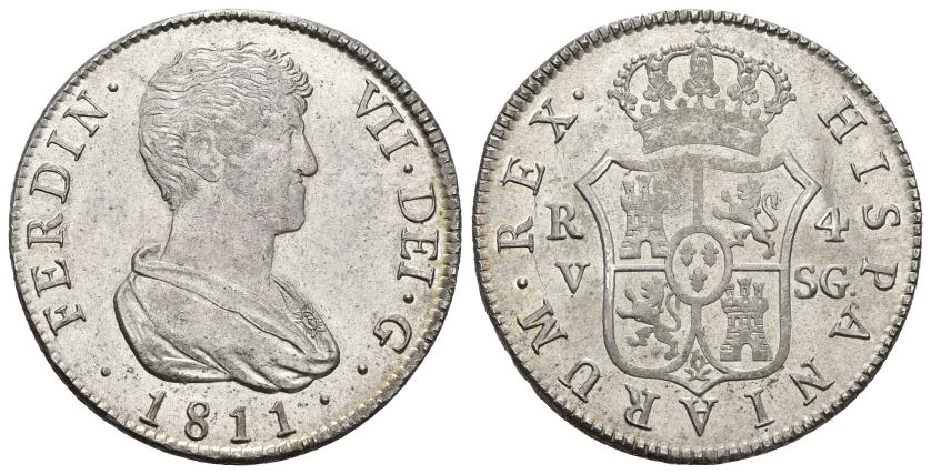 432   -  FERNANDO VII. 4 reales. 1811. Valencia. SG. AR 13,52 g. 32,9 mm. VI-945. Leve acuñación floja. B.O. EBC-.