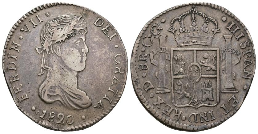 435   -  FERNANDO VII. 8 reales. 1820. Durango. CG. AR 26,19 g. 38,07 mm. VI-1002. Muy escasa. MBC+. Ex Calicó, 23-1-1980, lote 146.