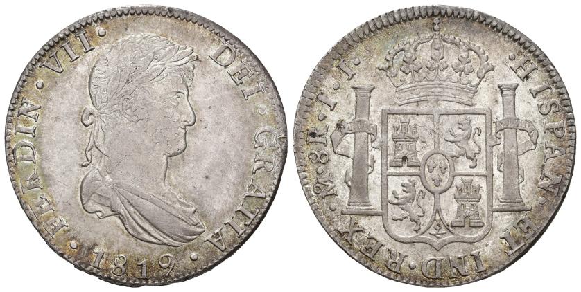 449   -  FERNANDO VII. 8 reales. 1819. México. JJ. AR 26,93 g. 39,01 mm. Pequeñas marcas. MBC+/EBC. Ex subasta Jesús Vico, 29-5-1980, lote 406.