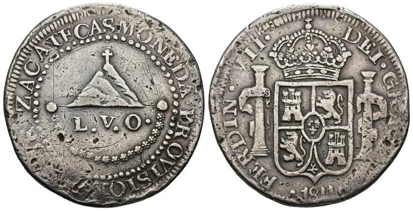 456   -  FERNANDO VII. 8 reales. 1811. Zacatecas. Moneda provisional. Castillos y leones. AR 29,65 g. 40,94 mm. VI-1191. Porosidades y finas rayas. MBC. Escasa. Ex ANE, junio 1988, lote 1437.