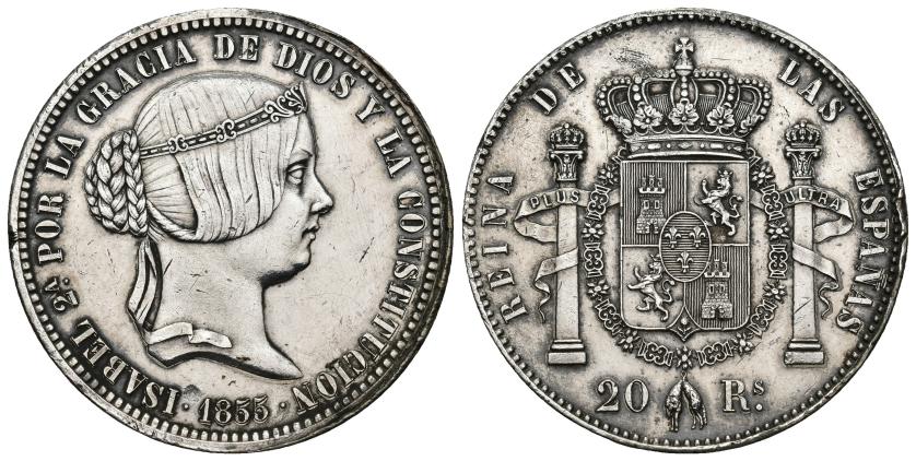 482   -  ISABEL II. 20 reales. 1855. Prueba estaño. Fernández Pescador. 17,45 g. 37,1 mm. VI-pp. 456 y 457. Limpiada. Pequeñas marcas. EBC.