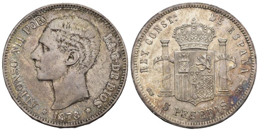 498   -  ALFONSO XII. 5 pesetas. 1878*18-78. Madrid. EMM. AR 9,54 g. 37,2 mm. VII-85. Ligera pátina. EBC. Muy escasa en esta conservación. 