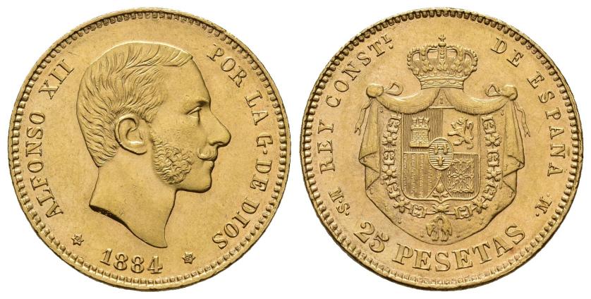 502   -  ALFONSO XII. 25 pesetas. 1884 *18-84. Madrid. MSM. AU 8,08 g. 24,1 mm. VII-113. Golpecito en gráfila. EBC+.