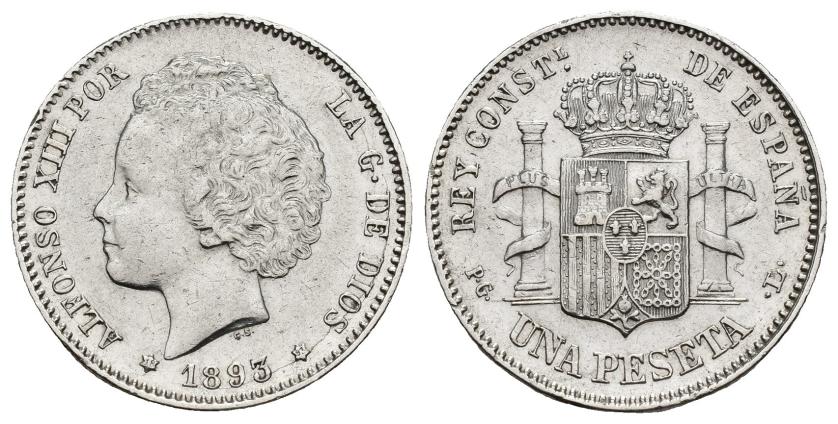 508   -  ALFONSO XIII. Peseta. 1893*18-93. Madrid. PGL. AR 4,99 g. 22,8 mm. VII-152. Limpiada. EBC-/MBC+.