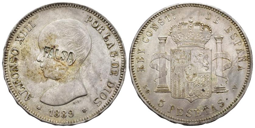 509   -  ALFONSO XIII. 5 pesetas. 1889*18-96. Madrid. SGV. Resello FALSA. 25,31 g. 37,3 mm. MBC+.