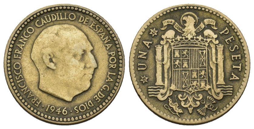 530   -  FRANCISCO FRANCO. 1 peseta. 1946 *19-48. Madrid. Modelo de M. Benlliure. 3,55 g. 20,8 mm. VII-306. MBC. Muy rara.