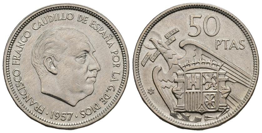 531   -  FRANCISCO FRANCO. 50 pesetas. 1957 *58. Madrid. Leyenda en el canto UNA LIBRE GRANDE. 12,56 g. 30,2 mm. VII-390.1. Pequeñas marcas. EBC-. 