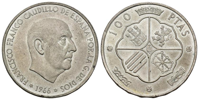 532   -  FRANCISCO FRANCO. 100 pts. 1966 *19-69. Trazo del 9 recto. 2º tipo. 19,06 g. 34,1 mm. VII-406. SC.