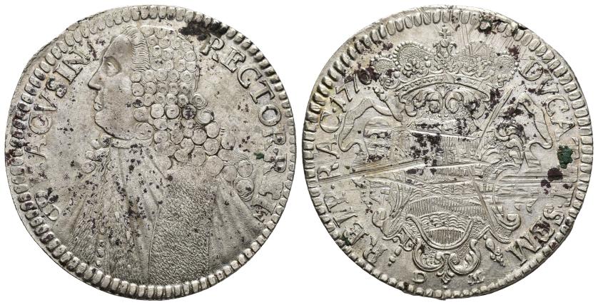 549   -  MONEDAS EXTRANJERAS. CROACIA. Ragusa. Tálero. 1770. DM-DM. AR 28,28 g. 40,7 mm. KM-18. Rayas de ajuste en rev. Oxidaciones. R.B.O. EBC-.