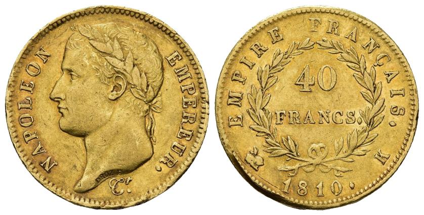 561   -  MONEDAS EXTRANJERAS. FRANCIA. Napoleón I.  40 francos. 1810. K. AU 12,85 g. 26 mm. FR-509. Defecto de acuñación en parte de la gráfila del rev. MBC/MBC+. Rara. 