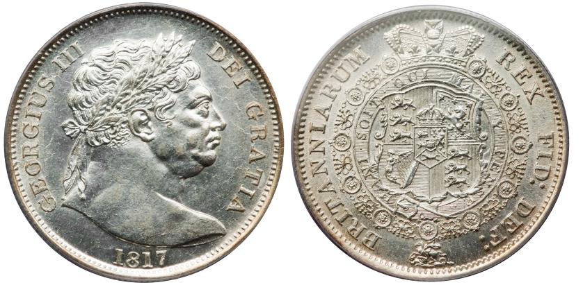 568   -  MONEDAS EXTRANJERAS. GRAN BRETAÑA. 1/2 corona. 1817. Canto estriado. KM-5667. Encapsulada. PCGS-AU58.