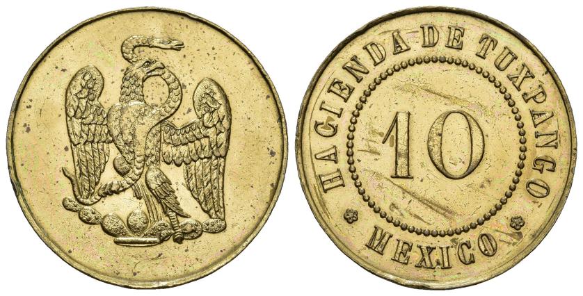 576   -  MONEDAS EXTRANJERAS. MÉXICO. 10 centavos (token). Hacienda de Tuxpango. Plantación de caña de azúcar Ixtaczoquitlan cerca de Veracruz. 9,08 g. 30,1 mm. Guttag-3914 (p. 411). Marcas. MBC.