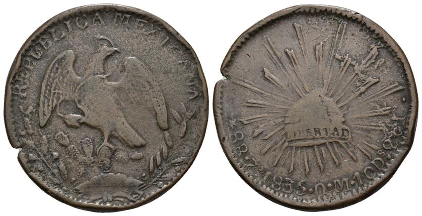 599   -  MONEDAS EXTRANJERAS. MÉXICO. 8 reales. 1835. Zacatecas. OM. Falsa de época en AE. 23,09 g. 39,5 mm. KM-377.13. Muesca en canto. MBC-.