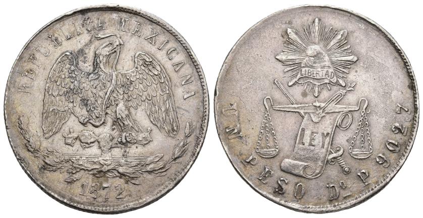 605   -  MONEDAS EXTRANJERAS. MÉXICO. 1 peso. 1872. Durango P. AR 27,23 g. 36,9 mm. KM-408.2. Golpecitos en gráfilas. MBC/MBC+. Escasa.