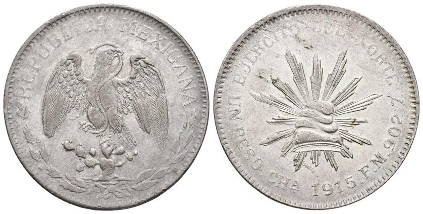 610   -  MONEDAS EXTRANJERAS. MÉXICO. 1 peso. 1915. Chihuahua. FM. Ejército del Norte. AR 27,7 g. 38,8 mm. KM-619. B.O. EBC/EBC-. Escasa.