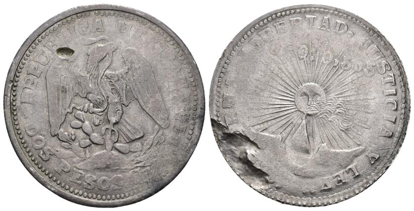 612   -  MONEDAS EXTRANJERAS. MÉXICO. 2 pesos. 1914. Guerrero. AR 25,40 g. 39,5 mm. KM-643. Defectos de cospel. MBC. Rara.