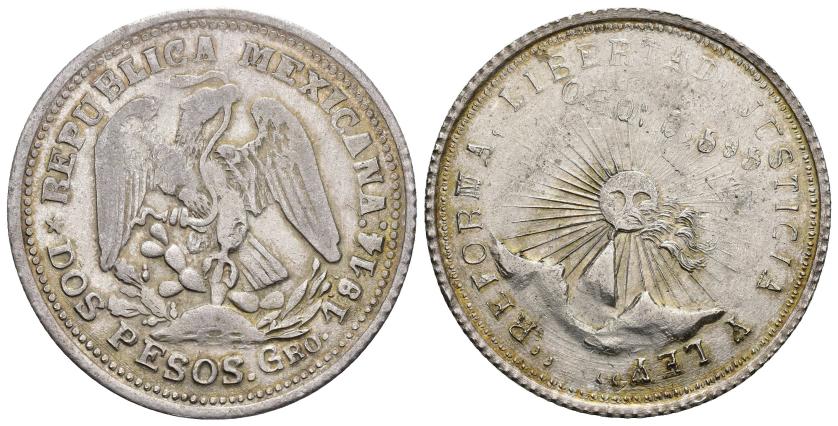 613   -  MONEDAS EXTRANJERAS. MÉXICO. 2 pesos. 1914. Guerrero. AR 25,5 g. 38,8 mm. KM-643. Acuñación floja. MBC. Rara.