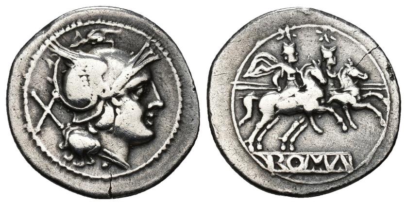 3059   -  REPÚBLICA ROMANA. Emisiones anónimas. Denario. A/ Cabeza de Roma a der., detrás X. R/ Dióscuros a der., encima estrellas, debajo en cartela ROMA. AR 3,81 g. 21,3 mm. CRAW-45.1. FCC-1. Ligeramente abrillantada. Pequeña grieta. MBC-.