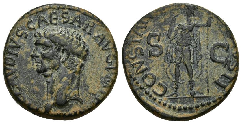 3063   -  IMPERIO ROMANO. CLAUDIO I. Dupondio. Roma (41-50 d.C.). A/ Cabeza a izq.; TI CLAVDIVS CAESAR AVG P M TR (P IMP). R/ Constantia en traje militar con lanza; S-C; CONSTAN(TIAE AVGVS)TI. AE 10,34 g. 26,4 mm. RIC-95. Pátina verde terrosa. MBC+.