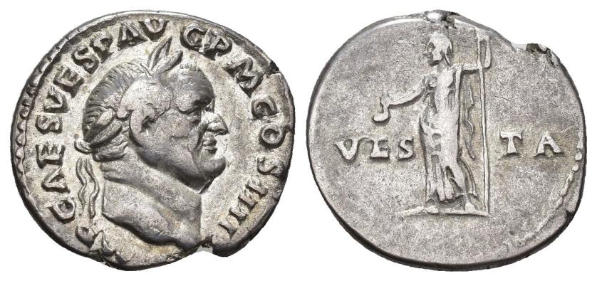 3065   -  IMPERIO ROMANO. VESPASIANO. Denario. Roma (72-73 d.C.). A/ Cabeza laureada a der.; IMP CAES VESP AVG P M COS IIII. R/ Vesta a izq. con símpulo y cetro; VESTA. AR 3,37 g. 18,6 mm. RIC-360. Cospel abierto. MBC/MBC-. 